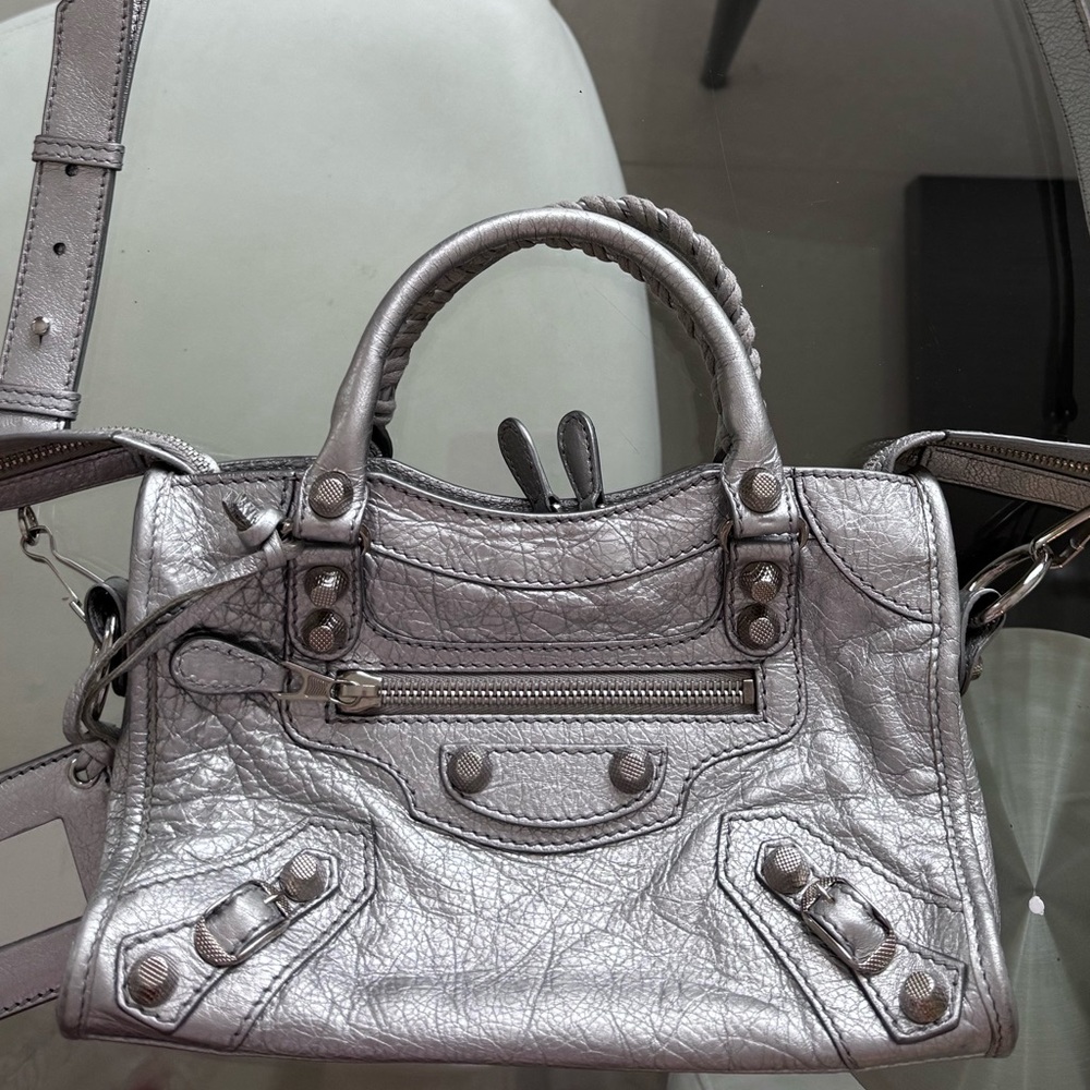 BALENCIAGA mini city bag, metallic silver